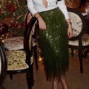 ZARA GREEN MID RISE  FRINGED SEQUIN SKIRT